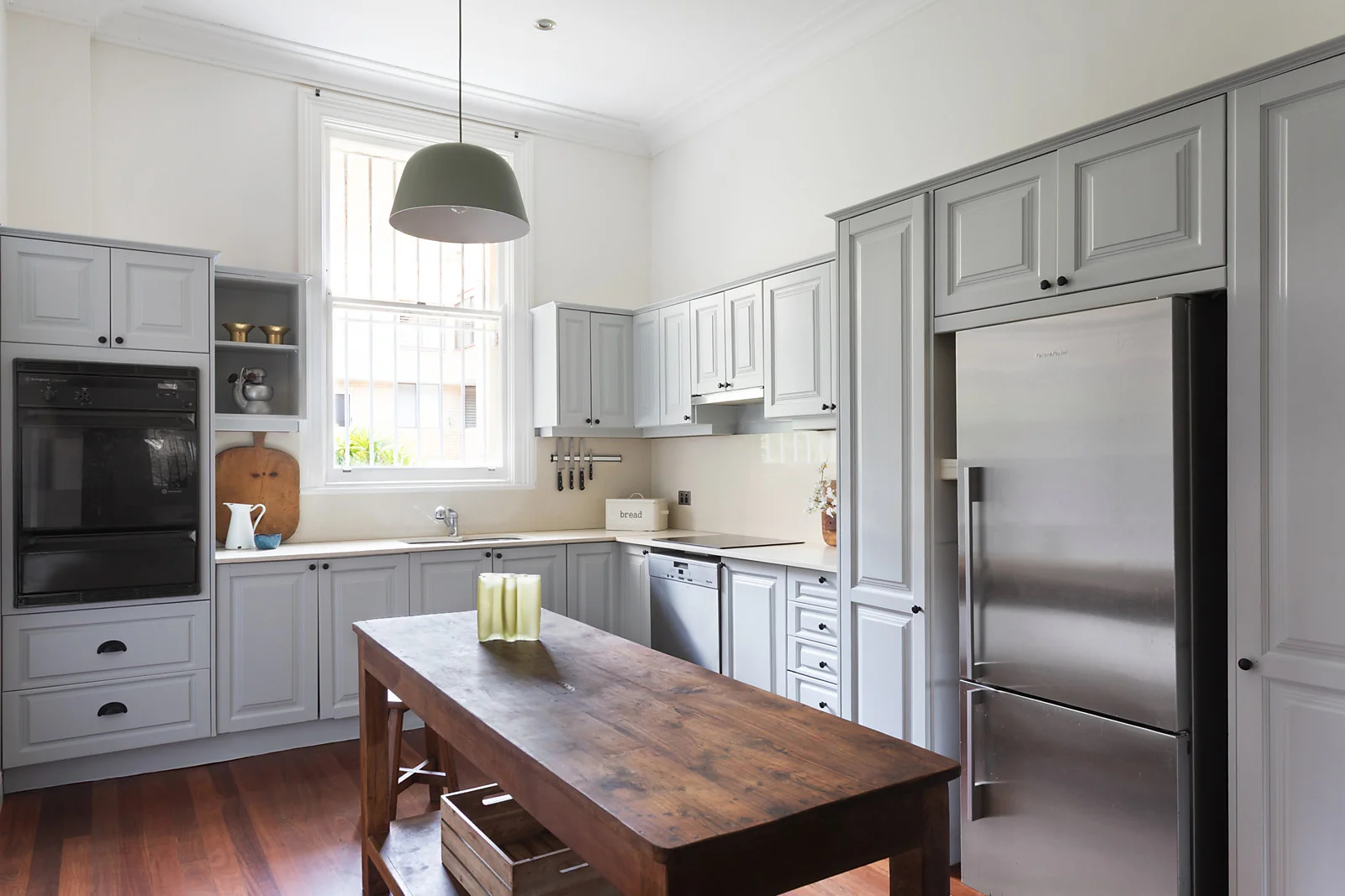 Painted kitchen cabinets in heritage grey