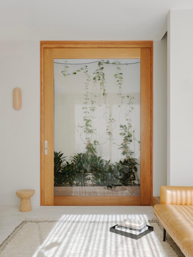 Living room — feature timber window with trailing vine