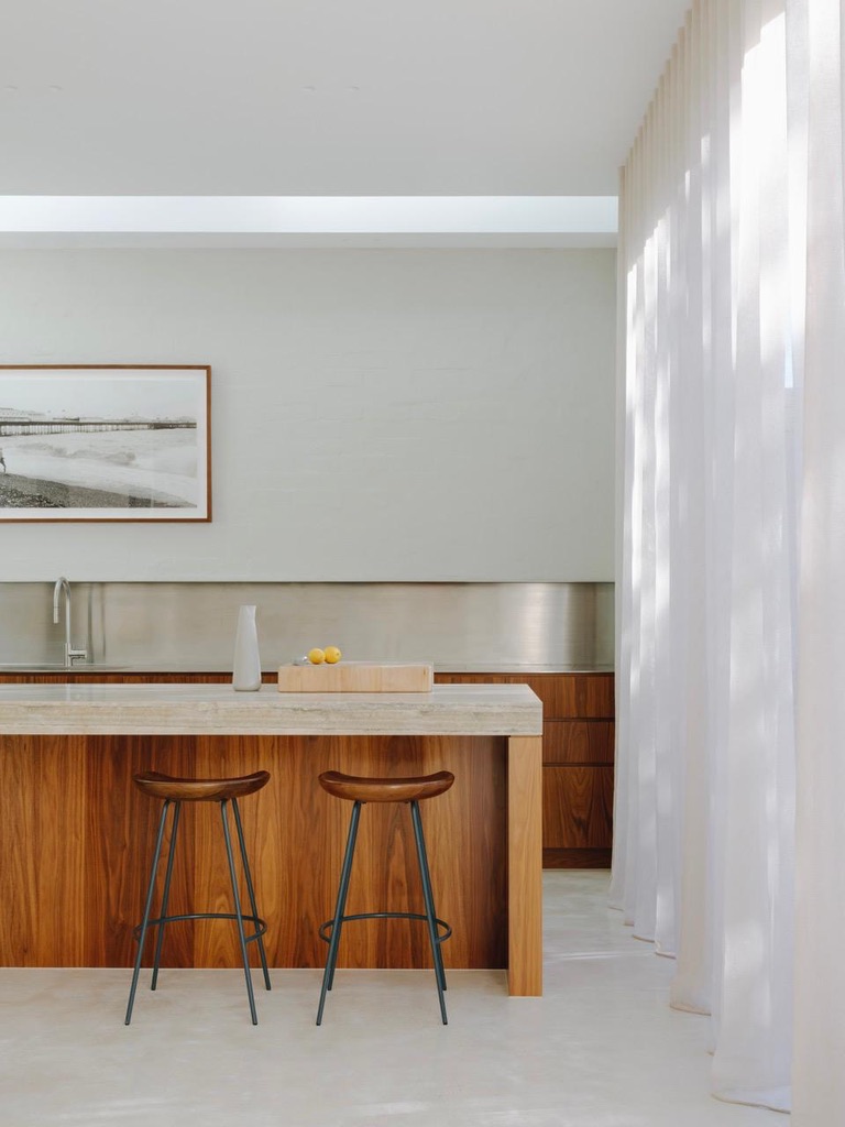 Kitchen — timber island with stone benchtop and bar stools